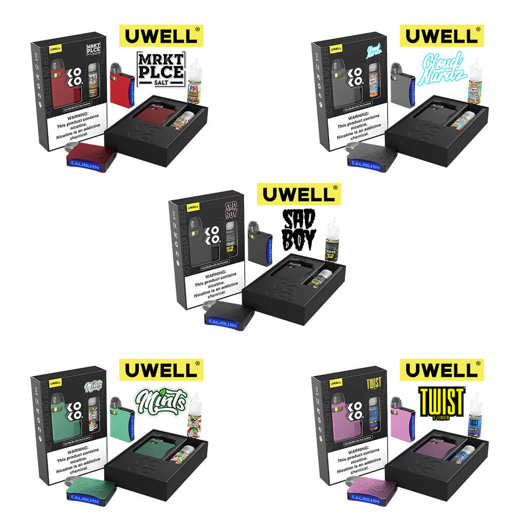 Uwell Caliburn AK3 Kit + A3S 0.8ohm Pods (x2) + Daddy’s Vapor 10mL Salts 50mg Group Photo