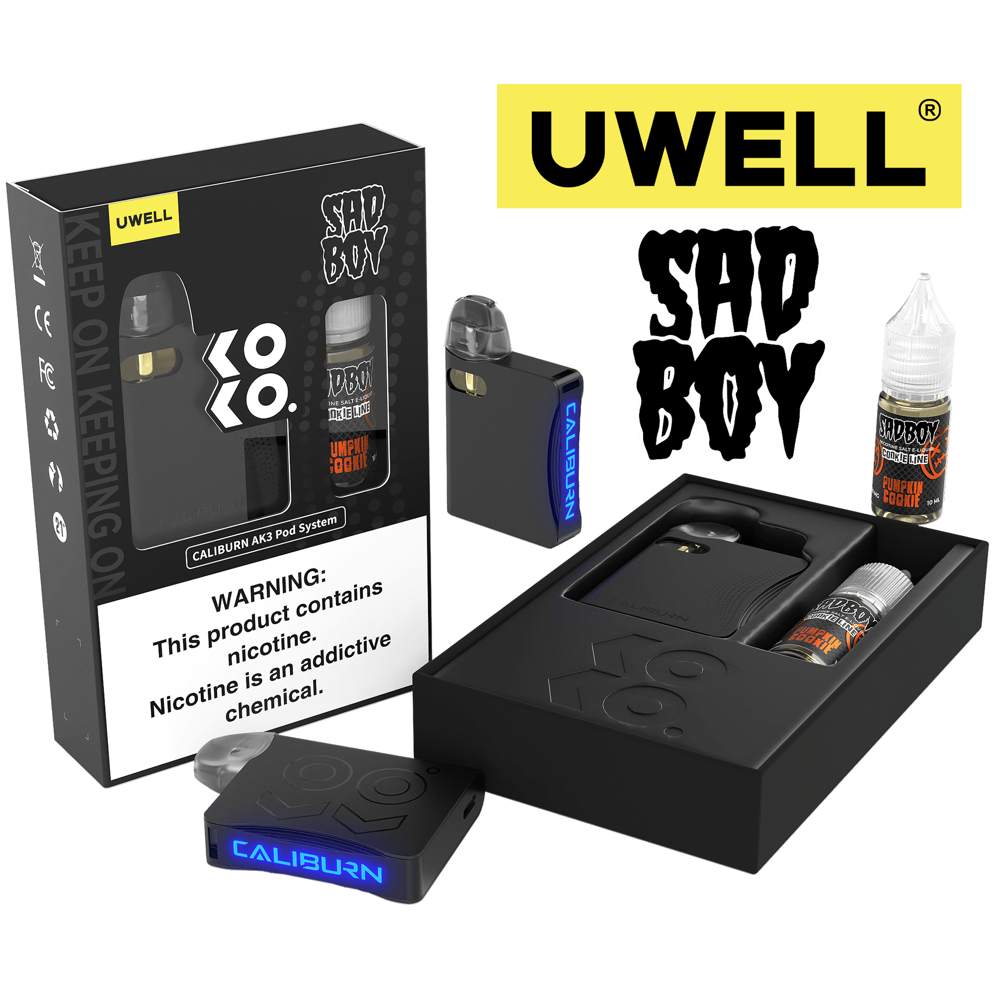 Uwell Caliburn AK3 Kit + A3S 0.8ohm Pods (x2) + Daddy’s Vapor 10mL Salts 50mg Color: Black Flavor: Pumpkin Cookie 50mg