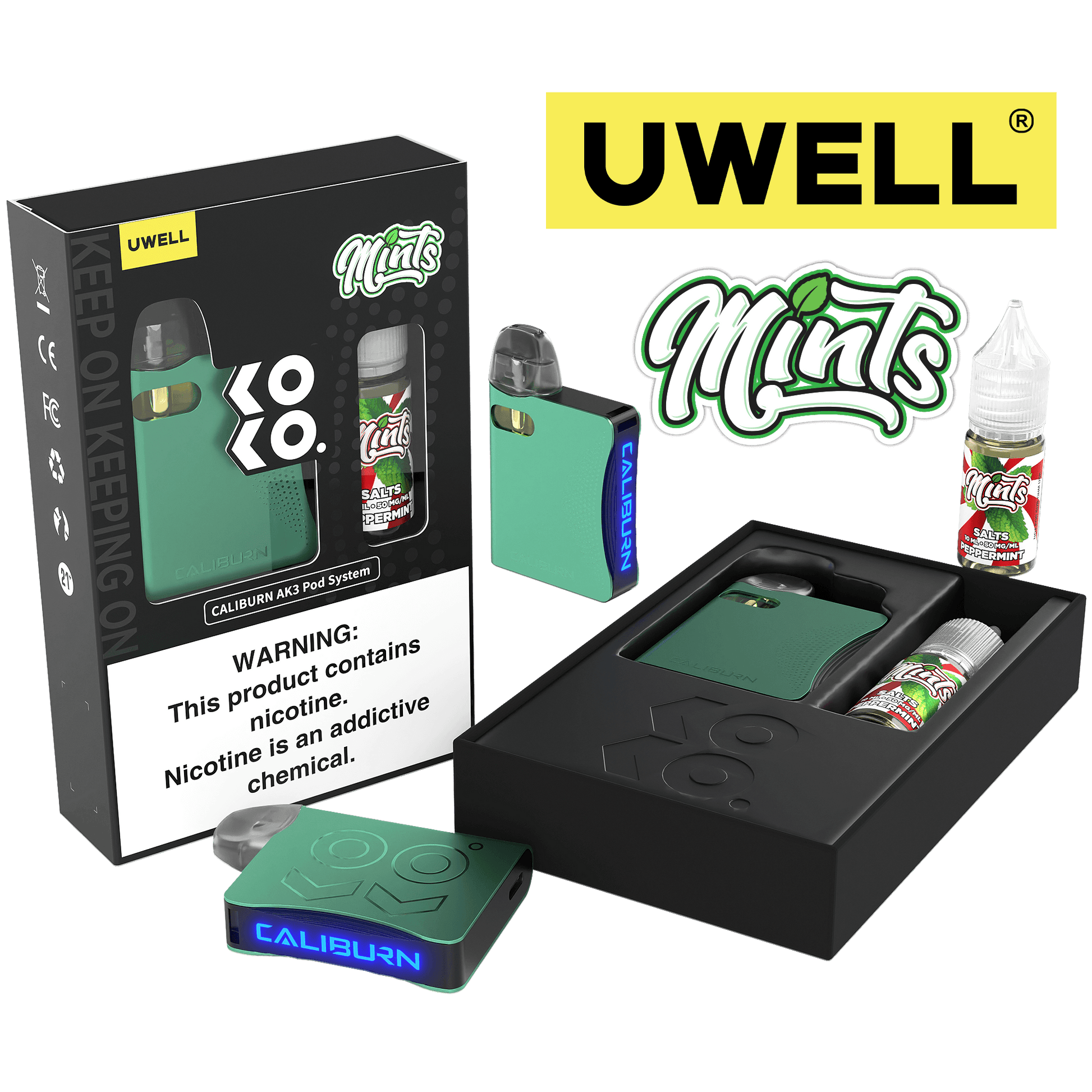 Uwell Caliburn AK3 Kit + A3S 0.8ohm Pods (x2) + Daddy’s Vapor 10mL Salts 50mg  Color: Cyan Flavor: Peppermint 50mg