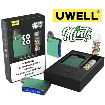 Uwell Caliburn AK3 Kit + A3S 0.8ohm Pods (x2) + Daddy’s Vapor 10mL Salts 50mg  Color: Cyan Flavor: Peppermint 50mg