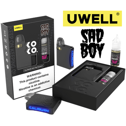 Uwell Caliburn AK3 Kit + A3S 0.8ohm Pods (x2) + Daddy’s Vapor 10mL Salts 50mg Color: Black Flavor: Custard Cookie 50mg