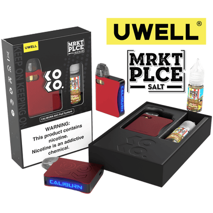 Uwell Caliburn AK3 Kit + A3S 0.8ohm Pods (x2) + Daddy’s Vapor 10mL Salts 50mg Color: Red Flavor: Fuji Pear Mangoberry