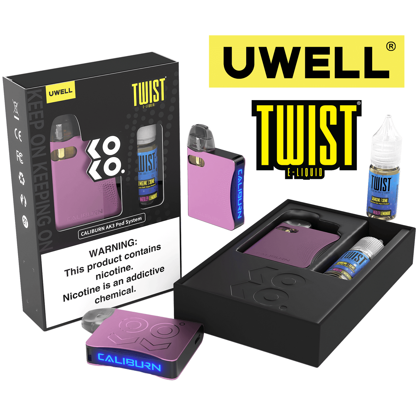 Uwell Caliburn AK3 Kit + A3S 0.8ohm Pods (x2) + Daddy’s Vapor 10mL Salts 50mg Color: Pink Flavor: Berry Medley Lemonade