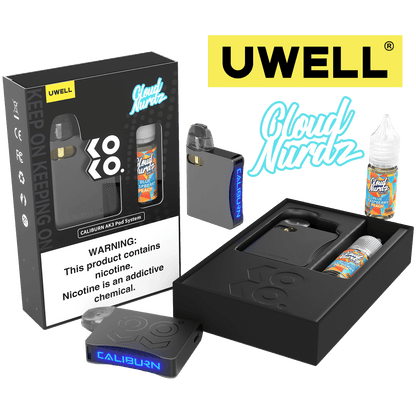 Uwell Caliburn AK3 Kit + A3S 0.8ohm Pods (x2) + Daddy’s Vapor 10mL Salts 50mg Color: Grey Flavor: Blue Raspberry Peach Color: Grey Flavor: Blue Raspberry Peach