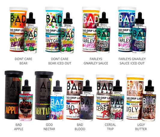 Bad Drip Series E-Liquid 60mL (Freebase) Group Photo with Packaging