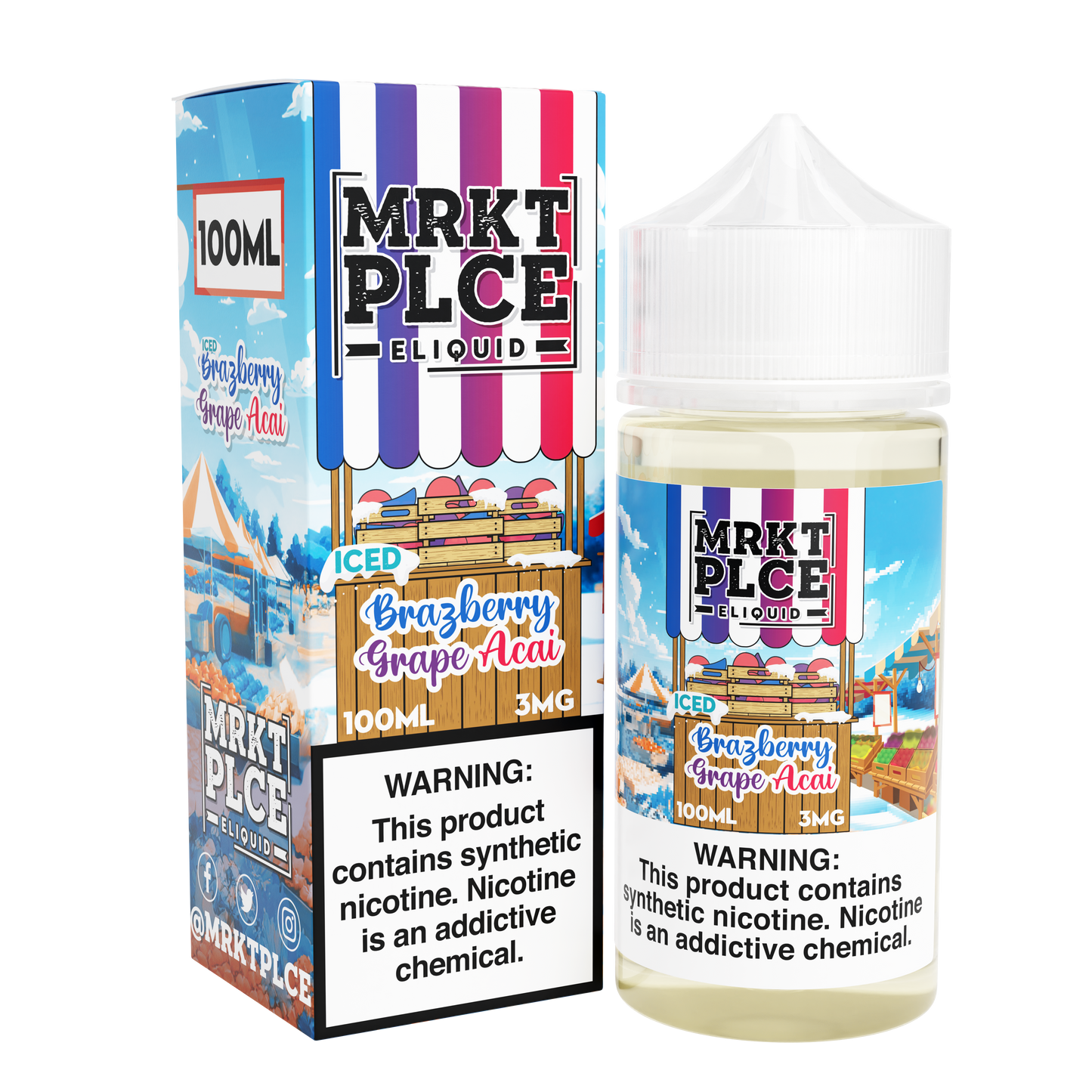 MRKT PLCE Series E-Liquid 100mL (Freebase) | Iced Brazberry Grape Acai  with packaging 