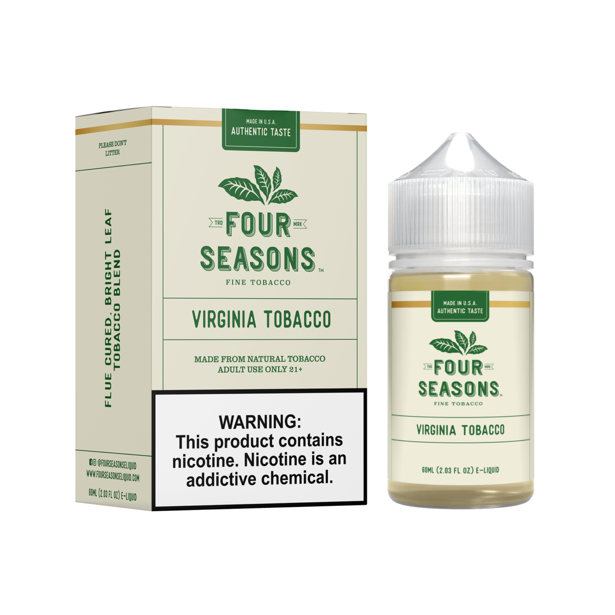 Four Seasons E-Liquid 60mL (Freebase) |  Virginia Tobacco with packaging